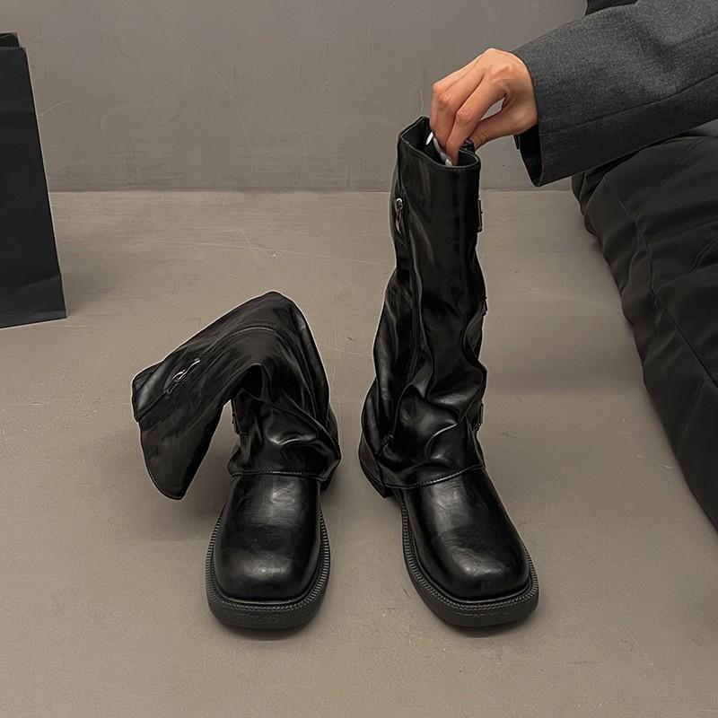 Fashion New Style Round Toe Belt Buckle Women Boots Fashion Flat Sole Mid Calf Autumn Niche Design Patent Leather Soid Women Shoes