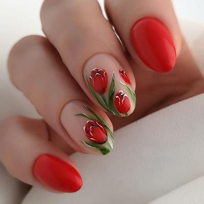 24PCS Oval Press On Nails Medium, Valentine's Day Fake Nails With Red Rose Flower Design Full Cover Acrylic Nails Reusable Stick On Nails 