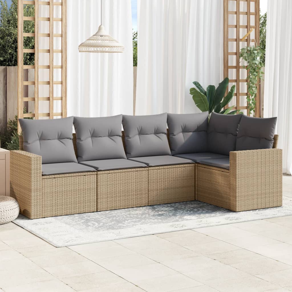 Vidaxl 5-Cz. Garden Furniture Set With Cushions, Beige, Poly Rattan
