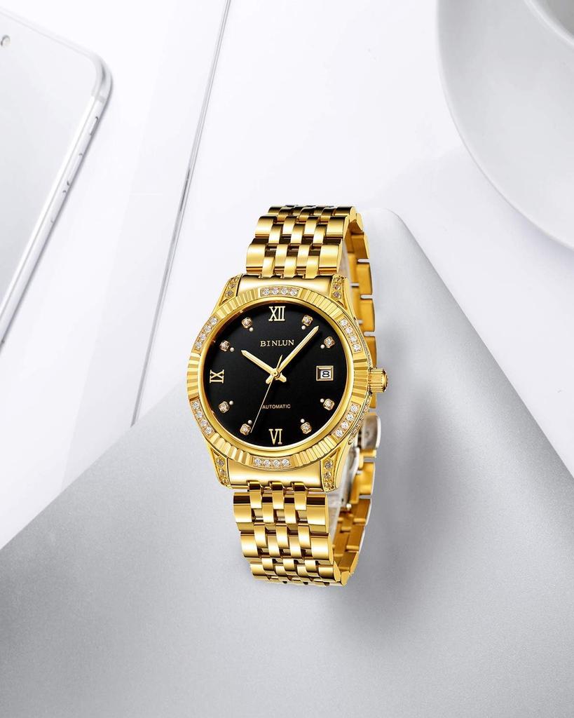BINLUN Automatic Mechanical Watch with Manual Gold Date Luxury Sapphire Crystal Men's Winding, Diamonds, Display, Watch, Simple, Stylish, Elegant,