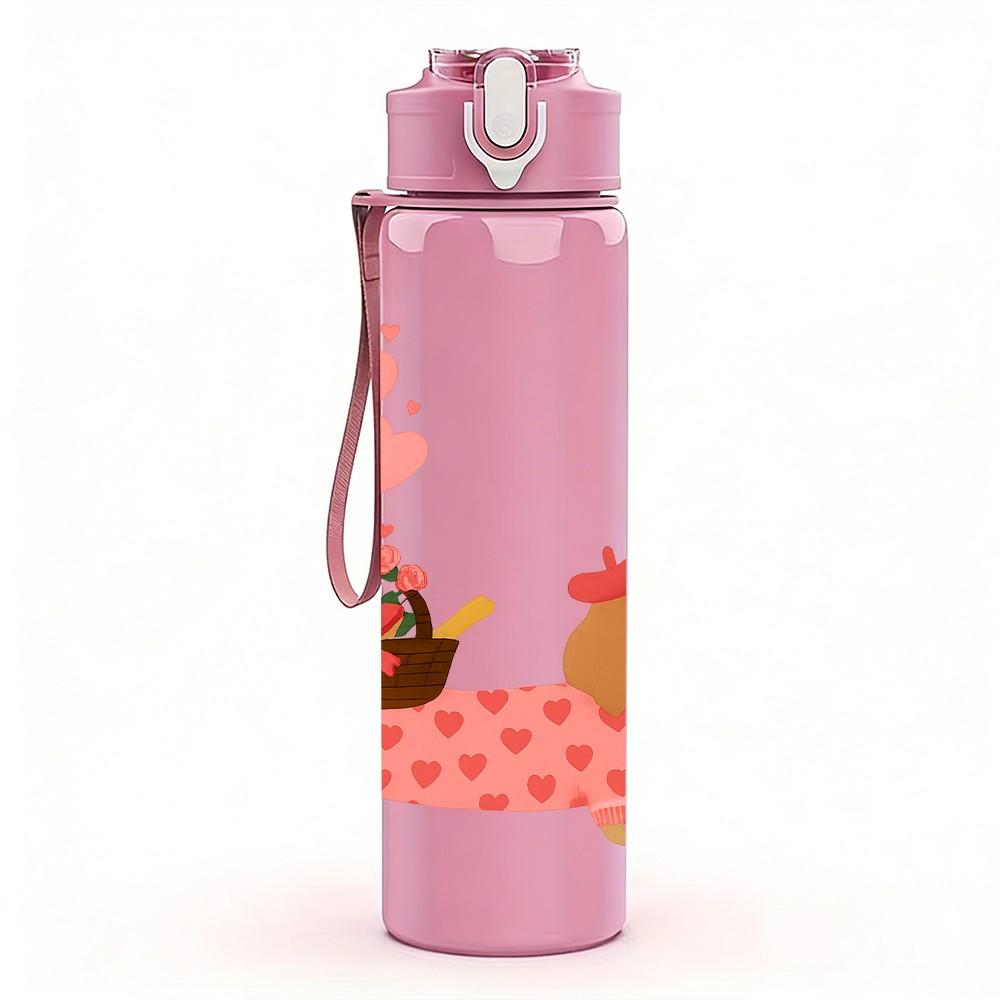 1PC Floral Dachshund Puppy 750ml Color Plastic Sports Water Bottle Leakproof Flip Straw Lid Suitable for Sports Office Home Use
