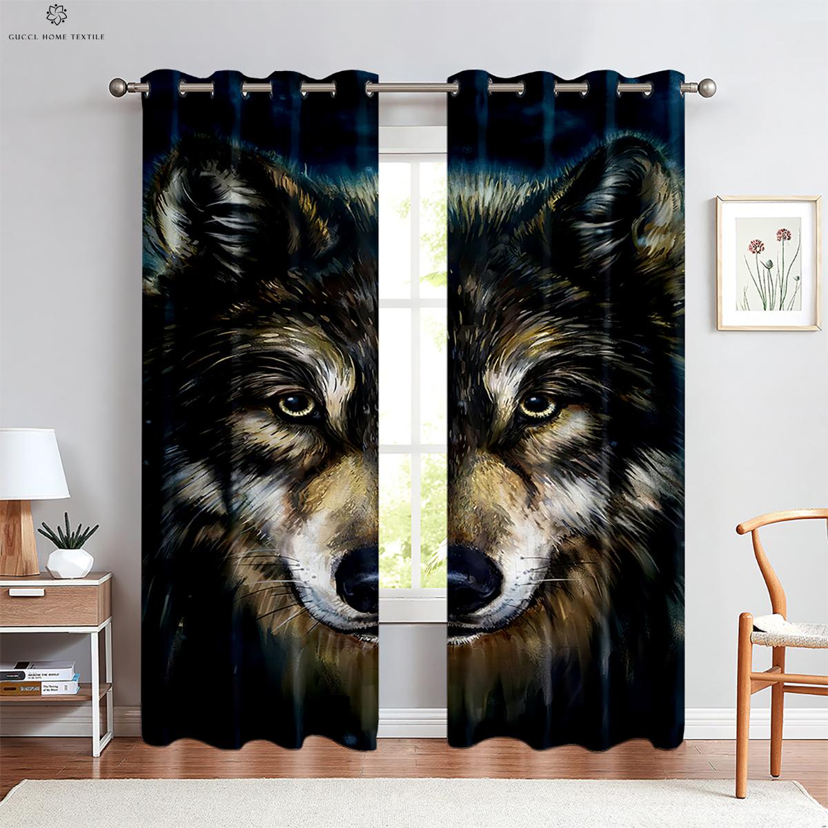 

Animal Theme Decorative Drapes, Wolf, Starry Sky, Fantasy Pattern, Bedroom, Kitchen, Study, Living Room, Customized W50xH130(CM)x2PCS&Rod pocket