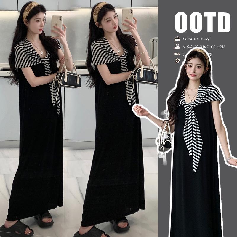 2026 Spring/Summer Korean Fashion Loose Vest Dress with Knit Striped Shawl Set 2XL