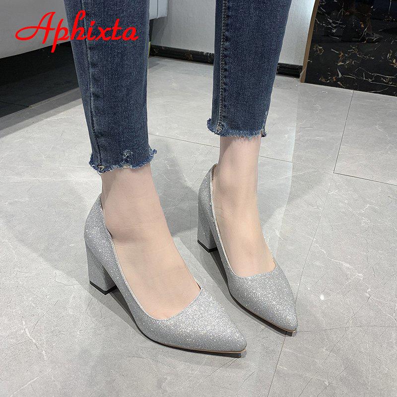 Fashion Aphixta Pointed Toe Shoes Women Pumps 7.5cm Career Square Heels Bling Fashion Work Office Party Shoes Super Big Size 49 50