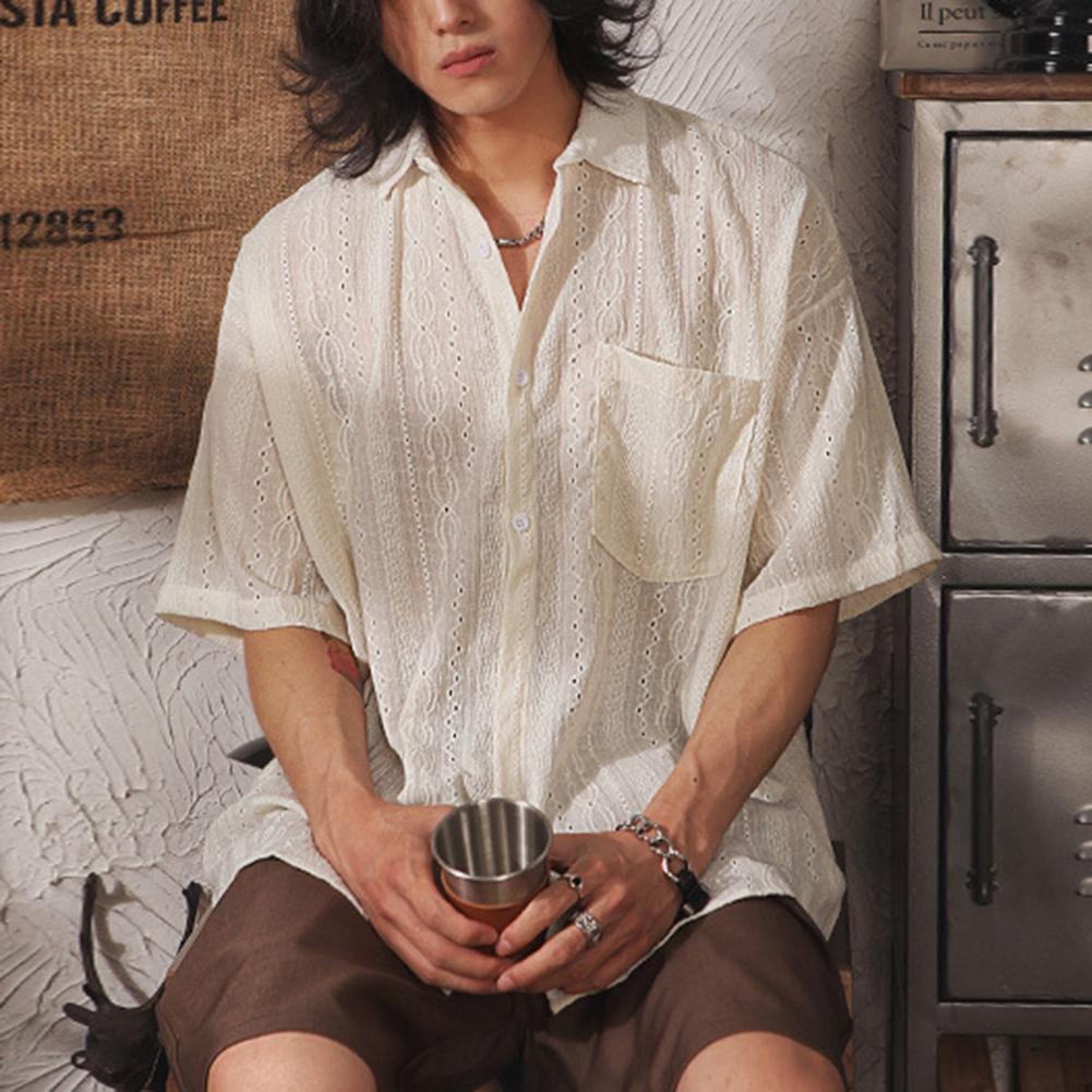 Retro Men Casual Loose Hollow Out Short Sleeve Shirts with Pockets Casual Vacation Daily Tops Solid Color