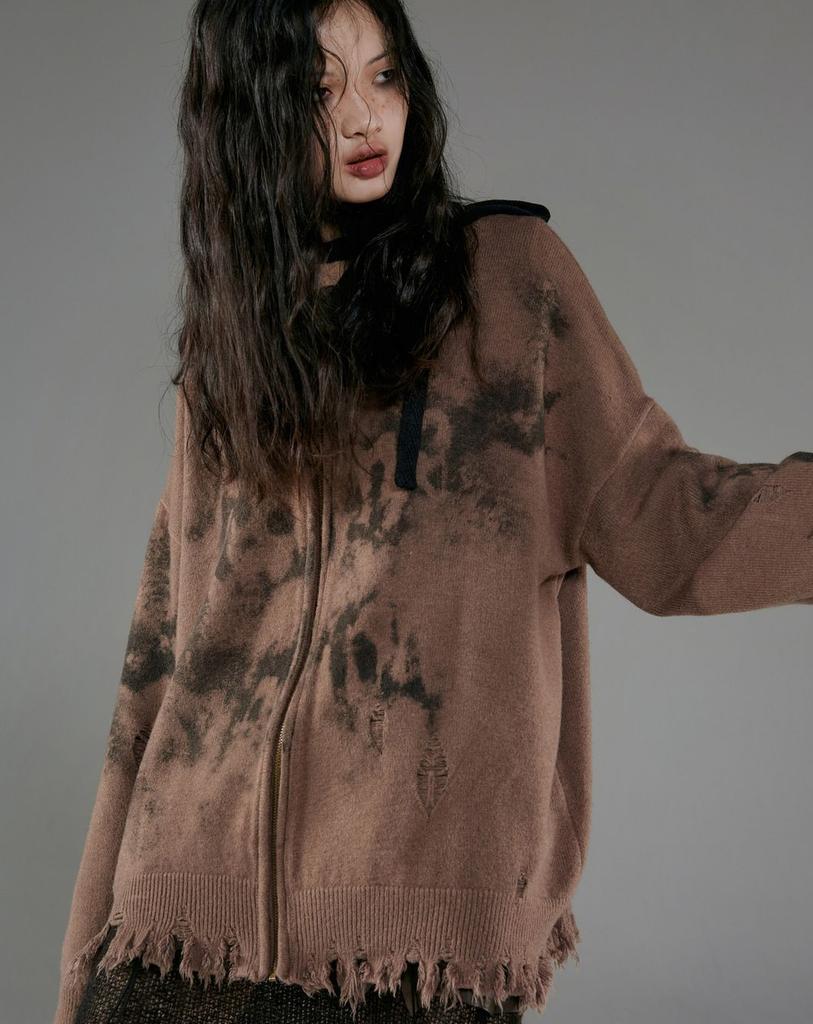 Cardigan tricotat cu fermoar maro femei Harajuku Vintage Y2k pulover gotic japonez Tie Dye Topuri cu mânecă lungă toamnă