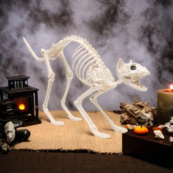 Halloween Skeleton Cat Decoration Horror Plastic Kitten Skeleton Bone Decoration with Movable Jaw Neck Tail for Halloween Party Home Yard Decor