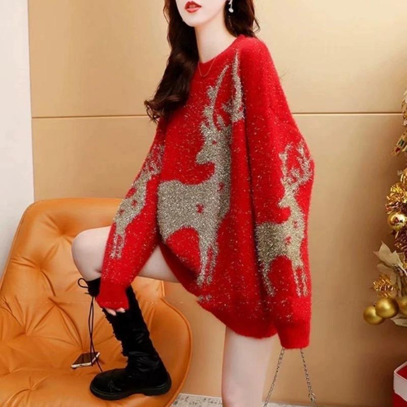 Red Autumn and Winter Knitted New Women's Clothing Deer Jacquard Knitted Sweater Crew Neck Pullover Color Matching Top
