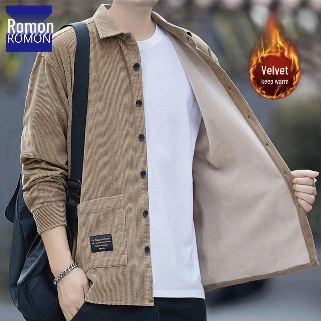 Romon Men's Fleece-Lined Corduroy Warm Shirt Jacket - Iron-Free Autumn/Winter Workwear
