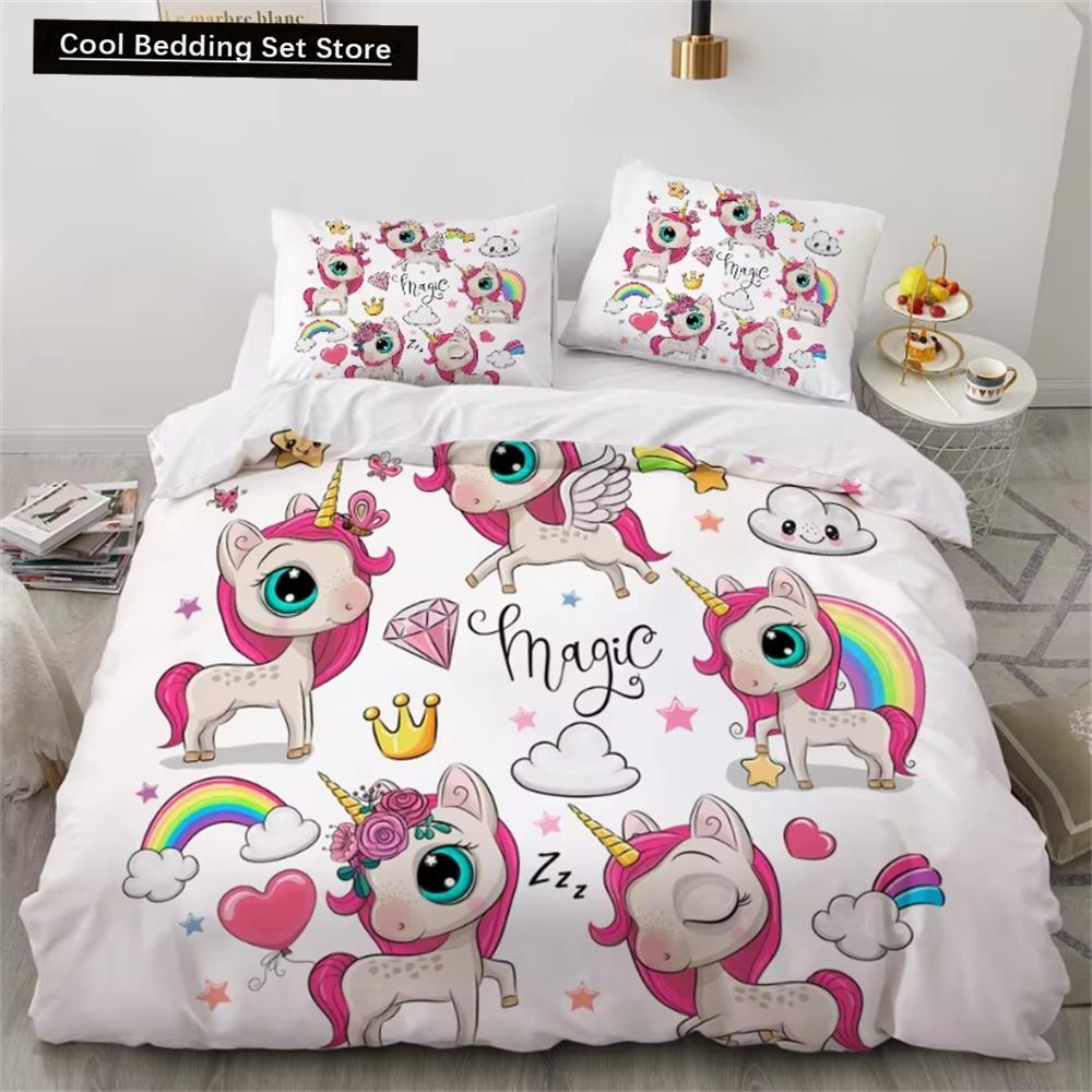 Kinderbettwäsche-Sets, Geschenke, Bettbezug-Sets mit Einhorn- und buntem Pferdedruck für Kinder, Mädchen und Jungen, 2/3-teilig, einzelne rosa Steppdecken