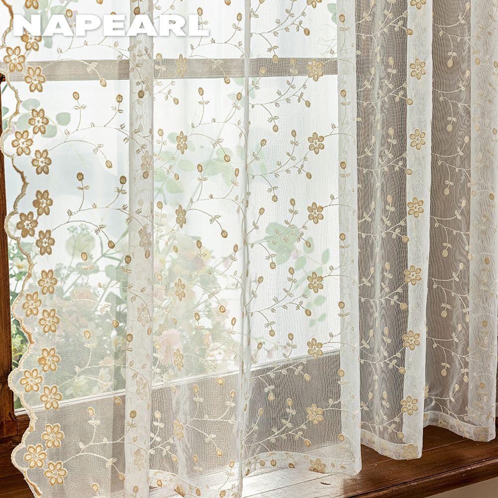 1 Stück NAPEARL Französische Landschaft Blumenstickerei Transparenter Vorhang, Wellen-Spitzen-Durchscheinender Vorhang für Wohnzimmer Schlafzimmer Heimdekoration