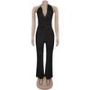 Strappy Deep V Halter Solid Color Jumpsuit - Women's Fashion Europe America Style