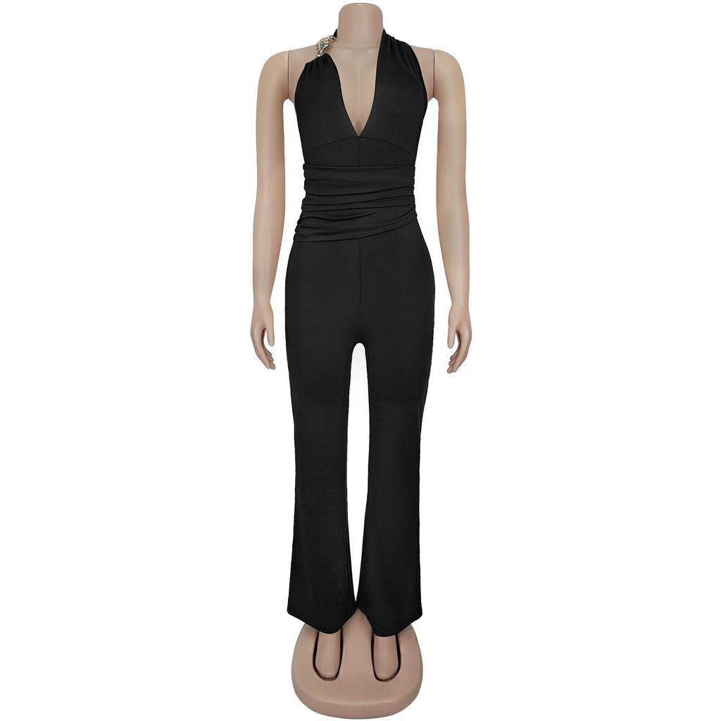 Strappy Deep V Halter Solid Color Jumpsuit - Women's Fashion Europe America Style