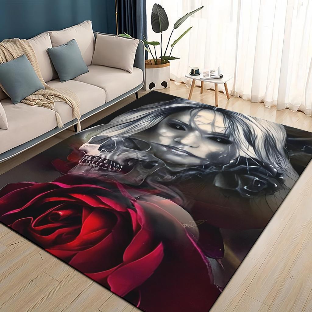 3D Gotická Lebka Obličej Růže Žena Hrozný Kreslený Koberec Kobereček do Obývacího Pokoje Ložnice Domov Dekorace Pohovky, Dětská Protiskluzová Podložka na Podlahu