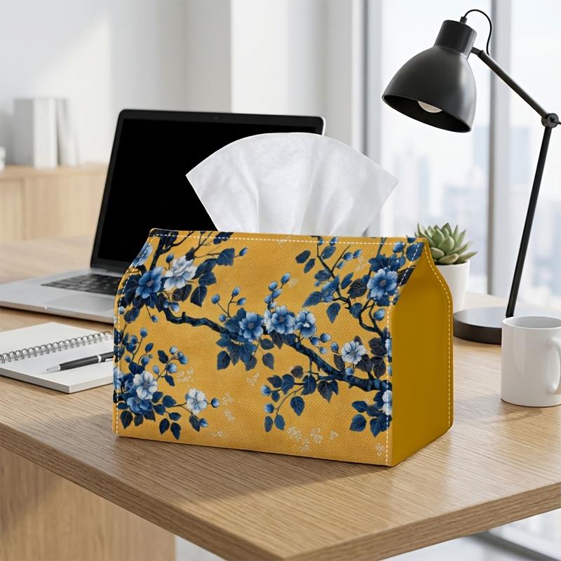 2D Flat, 2D Flat, 1 Vintage Blue Floral Tissue Box - A Multifunctional Napkin Dispenser Made of Sturdy Polyester, Featuring a Yellow Floral Design, Pe