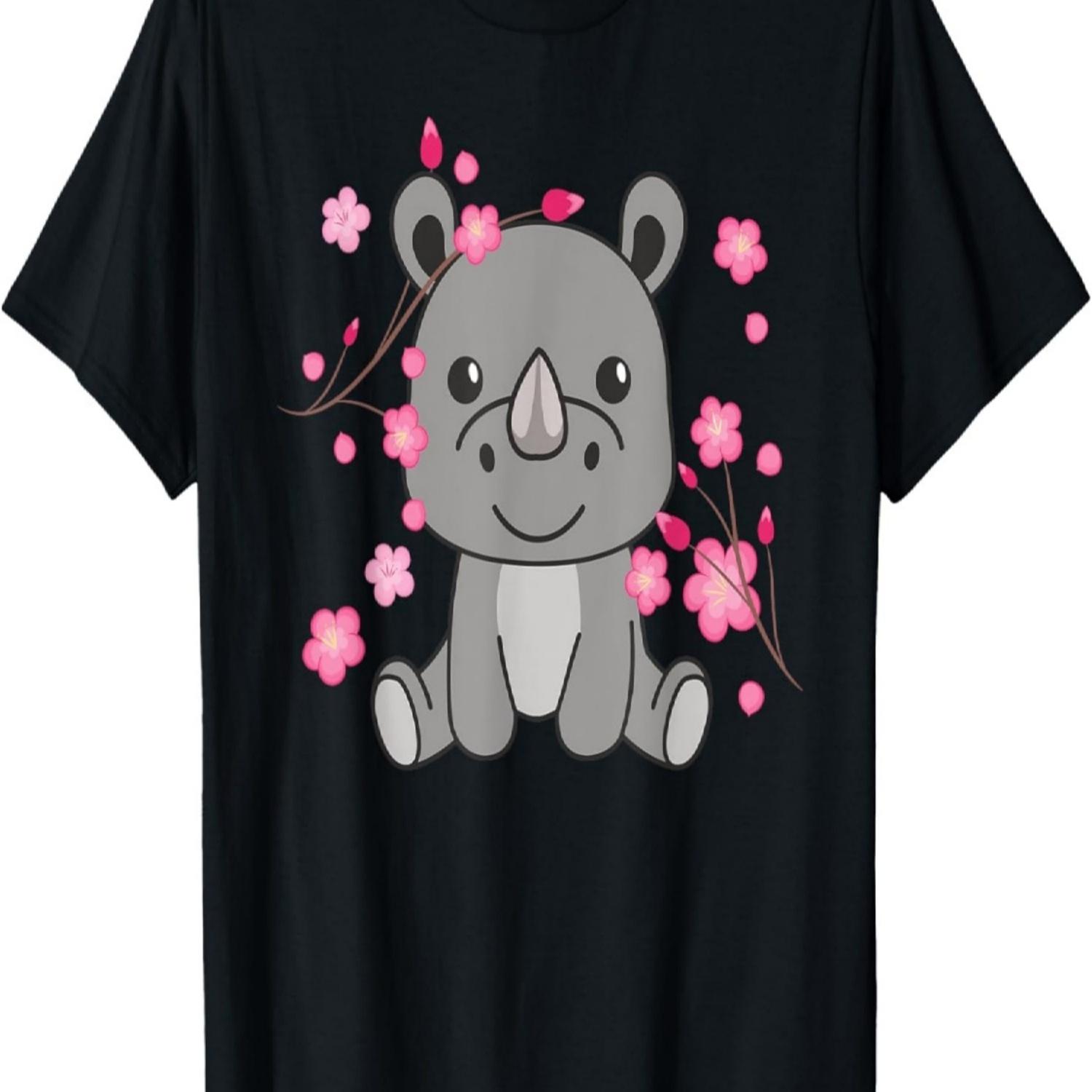 

Rhino Cute Animals For Kids Kawaii Cherry Blossoms T-Shirt S чёрный