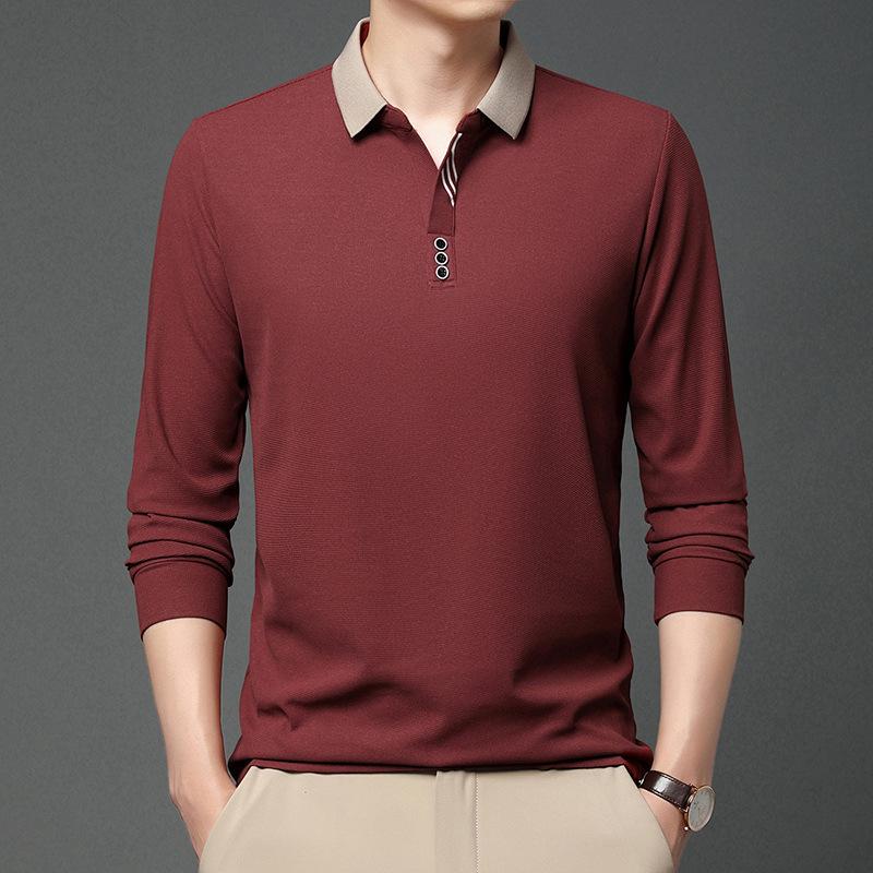 Polo de Manga Comprida Masculino de Primavera Gola Virada Cor Sólida Respirável Confortável Camisetas Casuais com Botões T-shirt Masculina