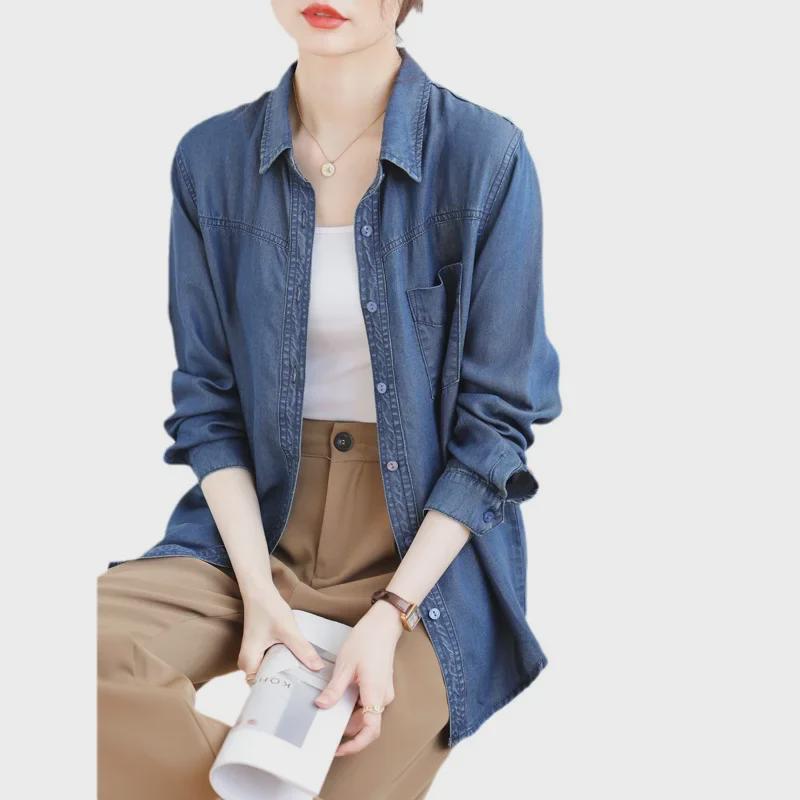 Women's Slimming Loose-Fit Thin Denim Shirt, Retro Korean Style, Autumn 2025 Collection