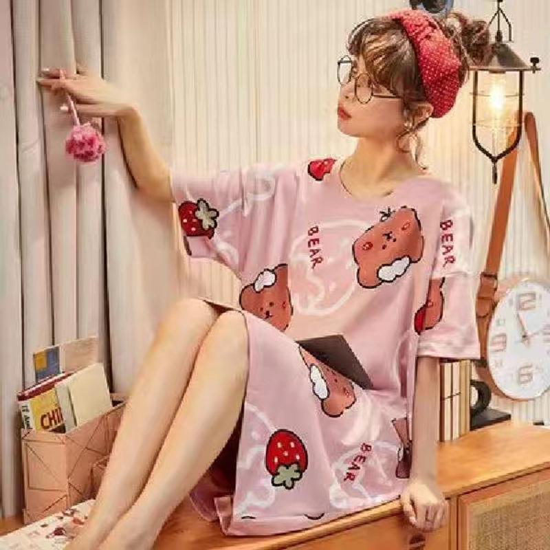 Summer Women's  Loose Short-Sleeve Cartoon Nightdress Cute Lightweight Student Style Sleepwear Home Wear Pajamas