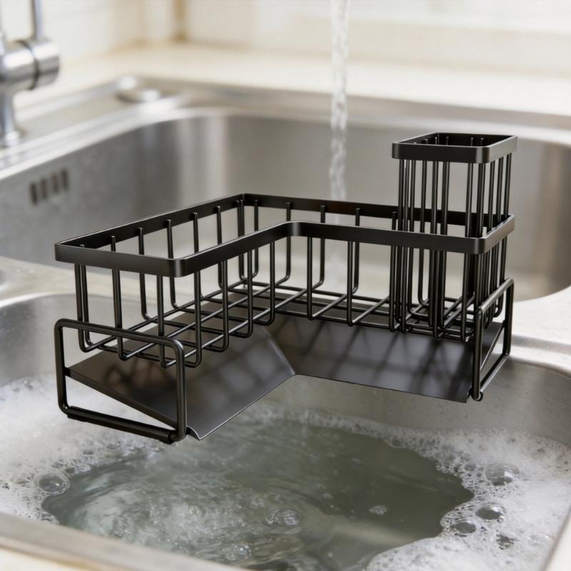 Carbon Steel Kitchen Sink Rack with Separate Storage Sections, a Water-Catching Bottom Tray and Freestanding Placement for Cleaning Supplies