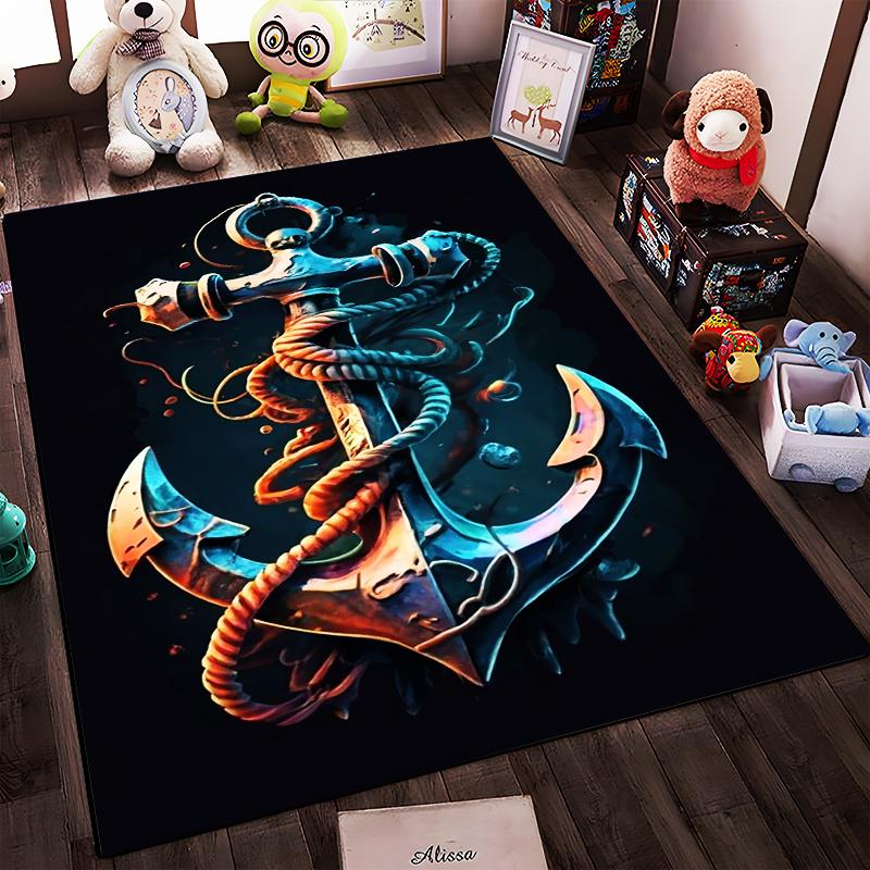Marine Style Rug with Anchor Design and Rope Pattern, Dark Background Suitable for Use As an Anti-slip for Living Room Bedroom Sofas