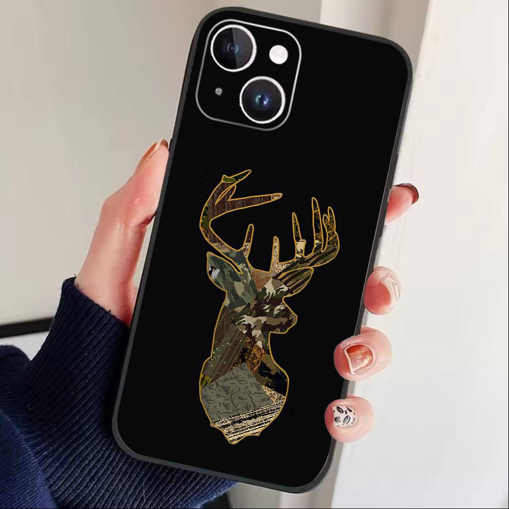 Deer Hunting Camo Phone Case For iPhone17,16,15,14,13,12 Plus,Max Soft Silicone Black Cover