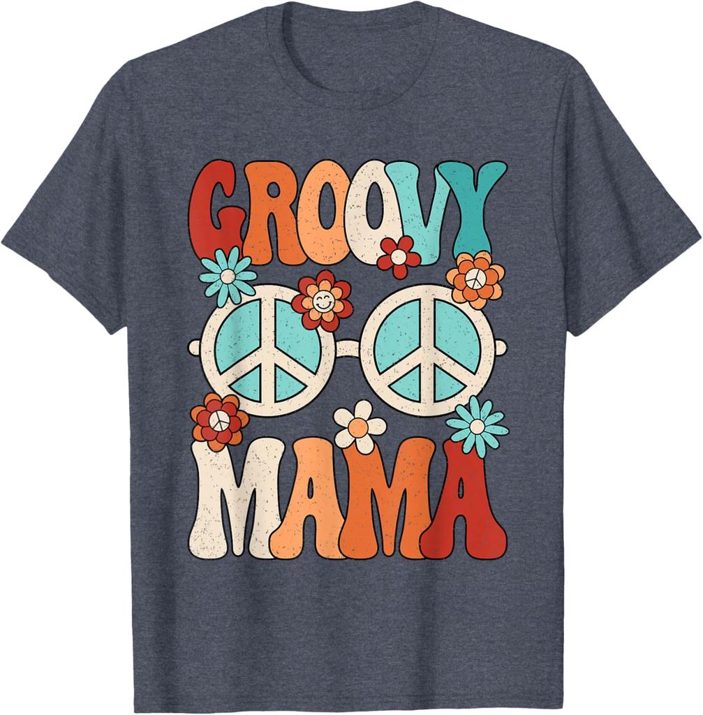 Groovy Mama Peace Sign Flowers Retro Hippie Graphic Tee Women's Casual Trip T-Shirt