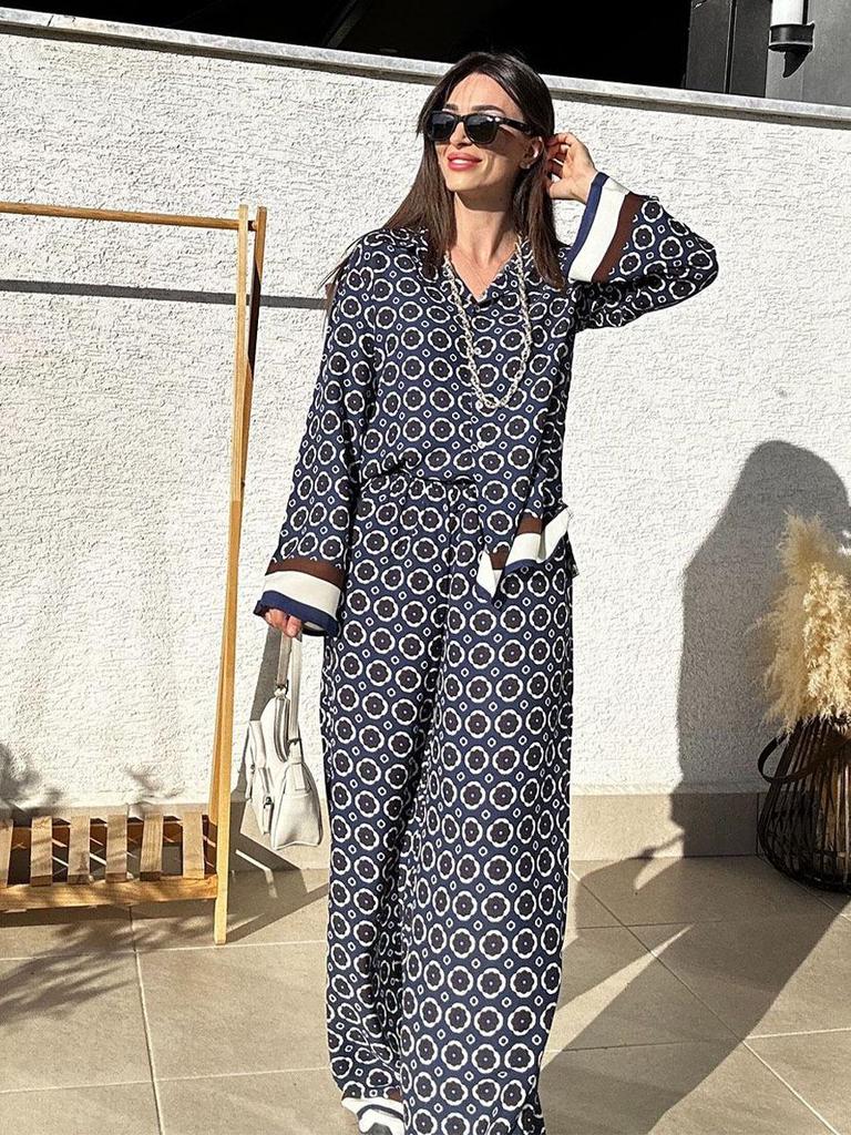 Women's Long Sleeve Shirt & High Waist Pants Two-Piece Set with Positioning Print