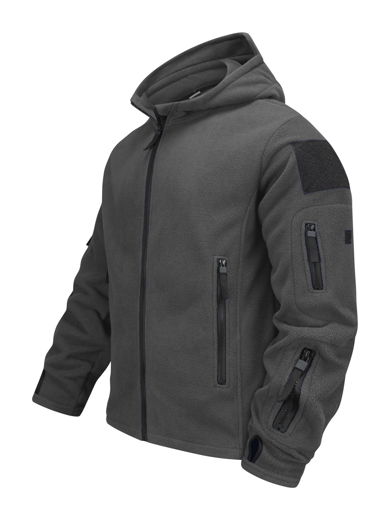 

Men s Thickened Multi-pocket Solid Color Fleece Hooded Work Jacket M