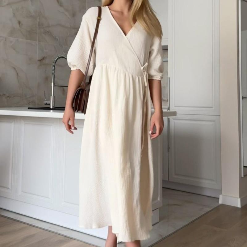 V-Neck Puff Sleeve Solid Color Long Dress – French Style Women's Fashion