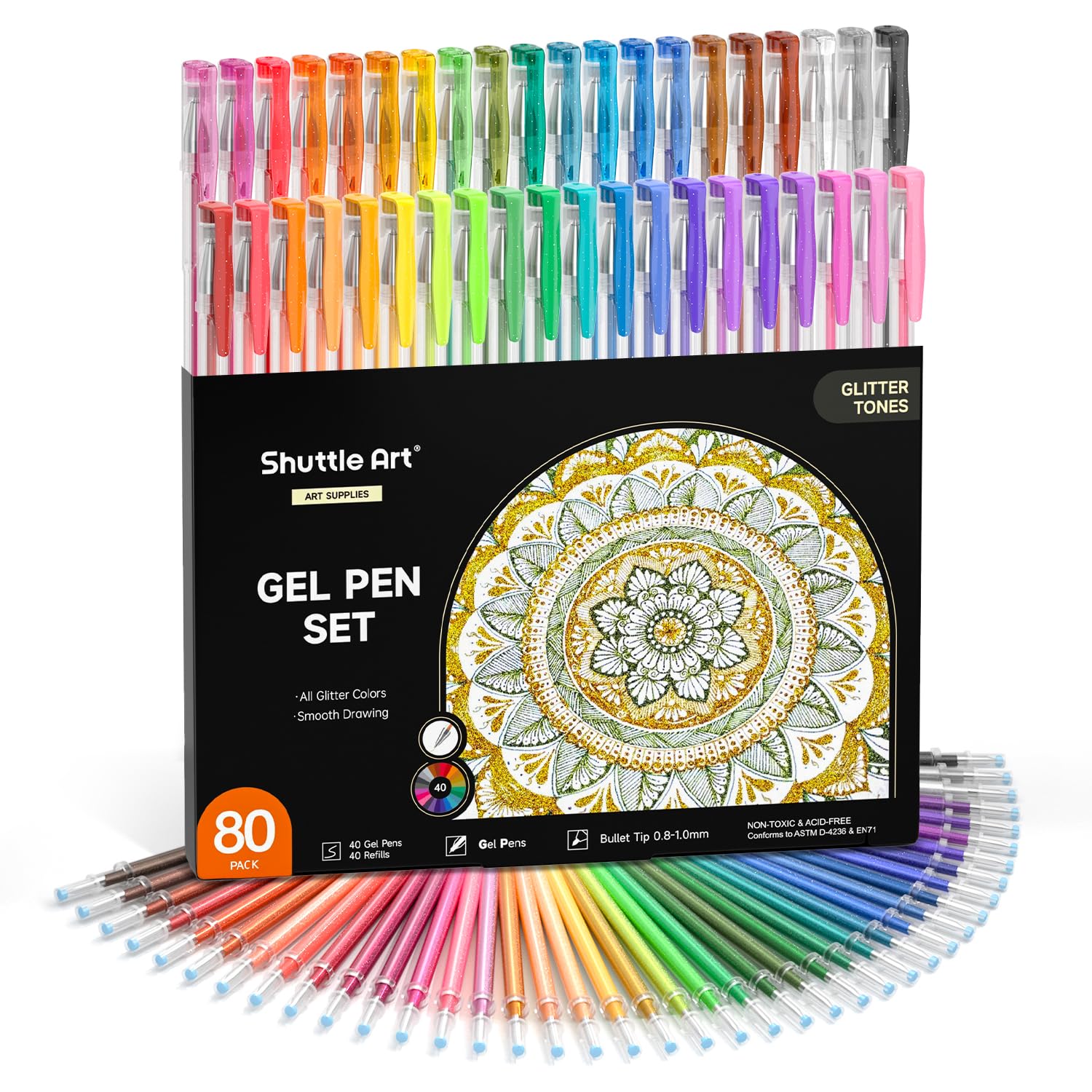 

Shuttle Art Gel Ballpoint Glitter Set with 40 for Photo Album with Case Pens, Pens, 40-Color Refills, Water-Based, Coloring, Sketching, Doodling, белый