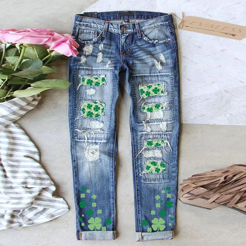

Clover Printed Patch Ripped Jeans Women s Straight Mid-Waist Pants XL синий