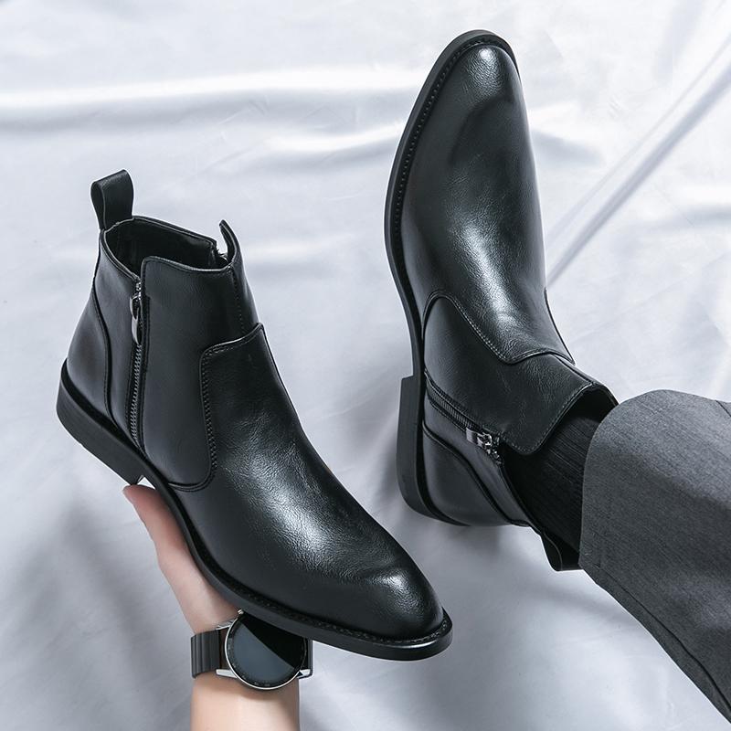 Chelsea Boots Spitz Hoher Schaft Leder Schuhe Friseur Martin Stiefel Reißverschluss Innen Erhöhend Freizeitstiefel