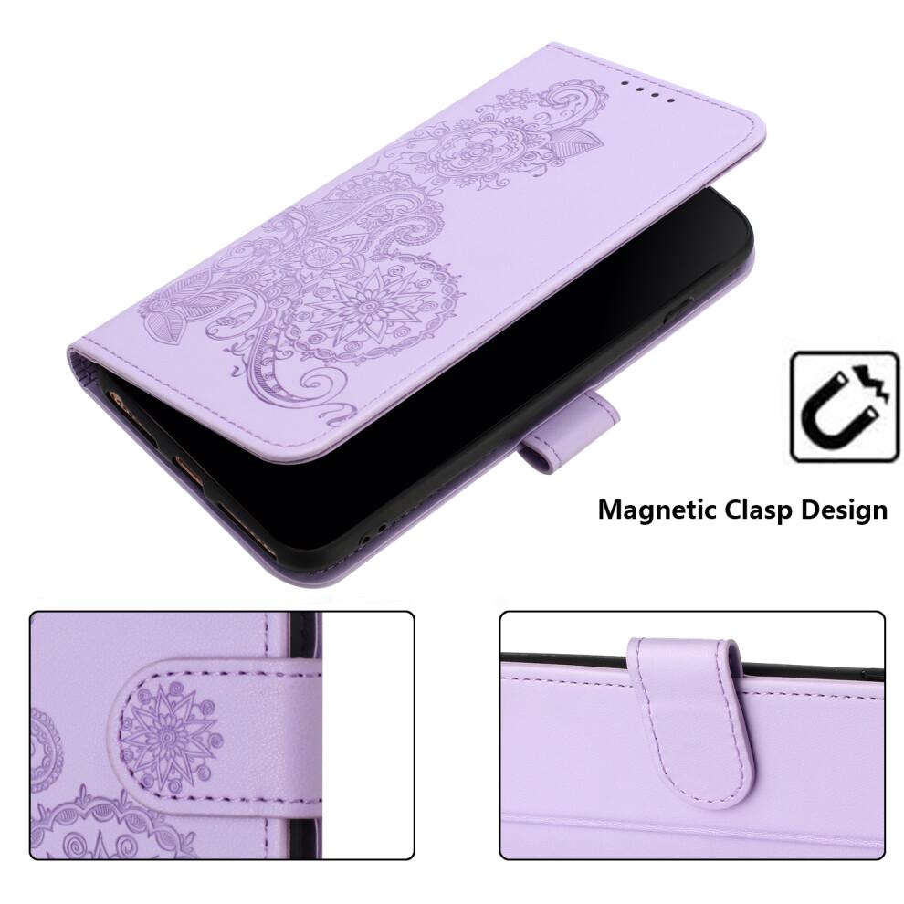 (iPhone 16, Purple) For iPhone 16 Phone Cases Mandala Flower Leather Wallet Mobile Cover with Strap