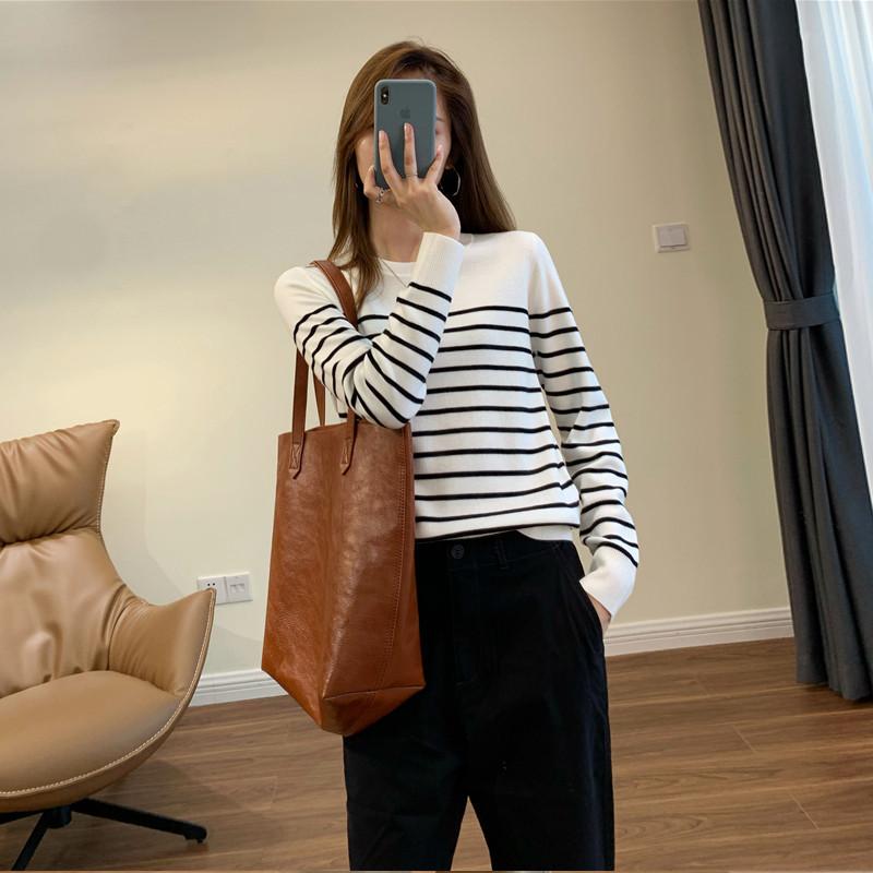 Women's Striped Knitted Sweater Spring and Autumn Long Sleeved Sweater Women's Base Shirt Sweater