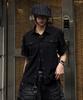 EASY NO EASY Texture Crop Roll-Up Check Short Sleeve Shirt - Black