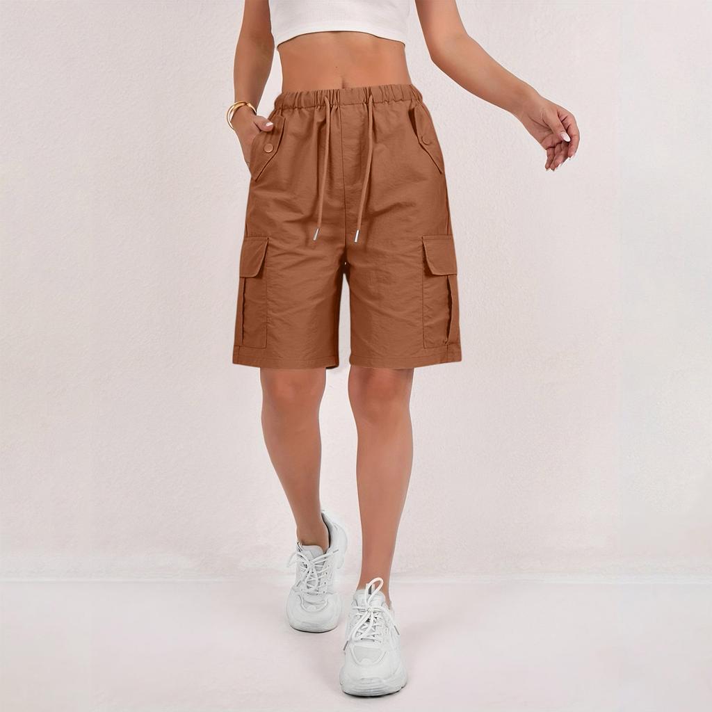 Shorts cargo à taille élastique pour femme, coupe décontractée, à cordon de serrage, shorts décontractés avec plusieurs poches pour les activités de plein air