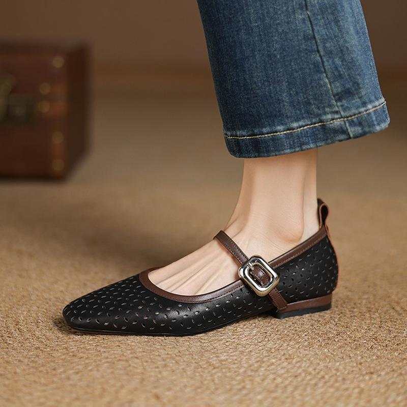 Fashion NEW Spring/Autumn Women Pumps Genuine Leather Shoes for Women Square Toe Low Heel Shoes Hollow-out Buckle Strap Mary Janes Shoes