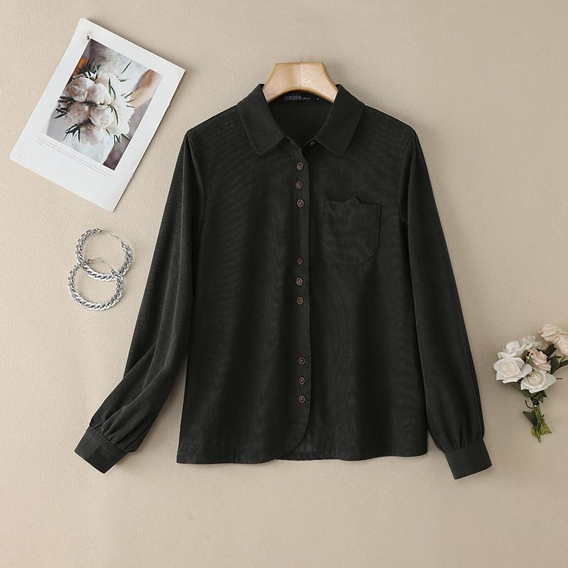 ZANZEA Women Casual Turn Down Collar Long Sleeve Loose Corduroy Blouse