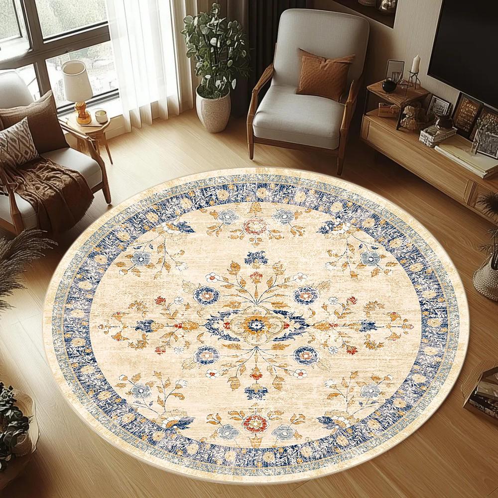 Faded Pink Vintage Floral Medallion Round Rug Washable Floor Mat for Living Room Bedroom Farmhouse Boho Indoor Home Decor