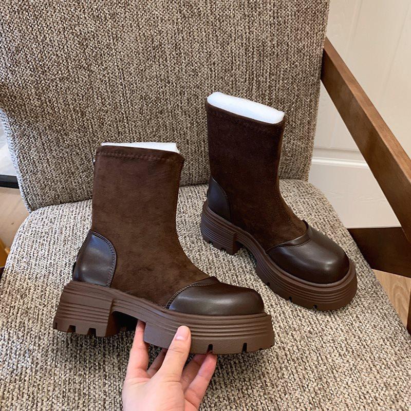 Rear zipper retro Martin boots women's autumn and winter new suede British style heightening short boots thick sole elastic thin