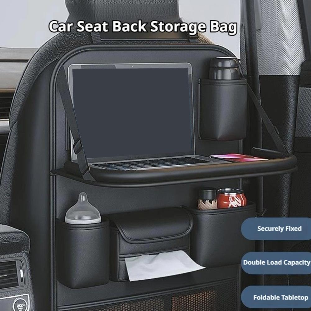 Car Seat Back Organizer 6-Pocket Storage Bag with Foldable Table Tray PU Leather Car Seat Back Protector Auto Seat Accessories