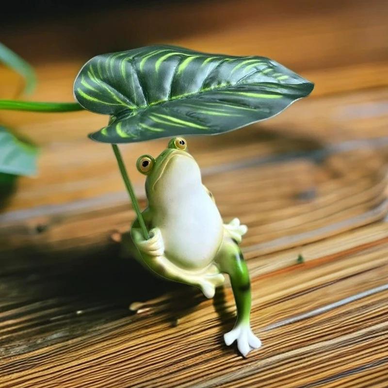 Cartoon Fun Cute Umbrella Frog Sculpture Jewelry Creative Lotus Leaf Frog Statue Aquarium Fish Tank Balcony Garden Decoration