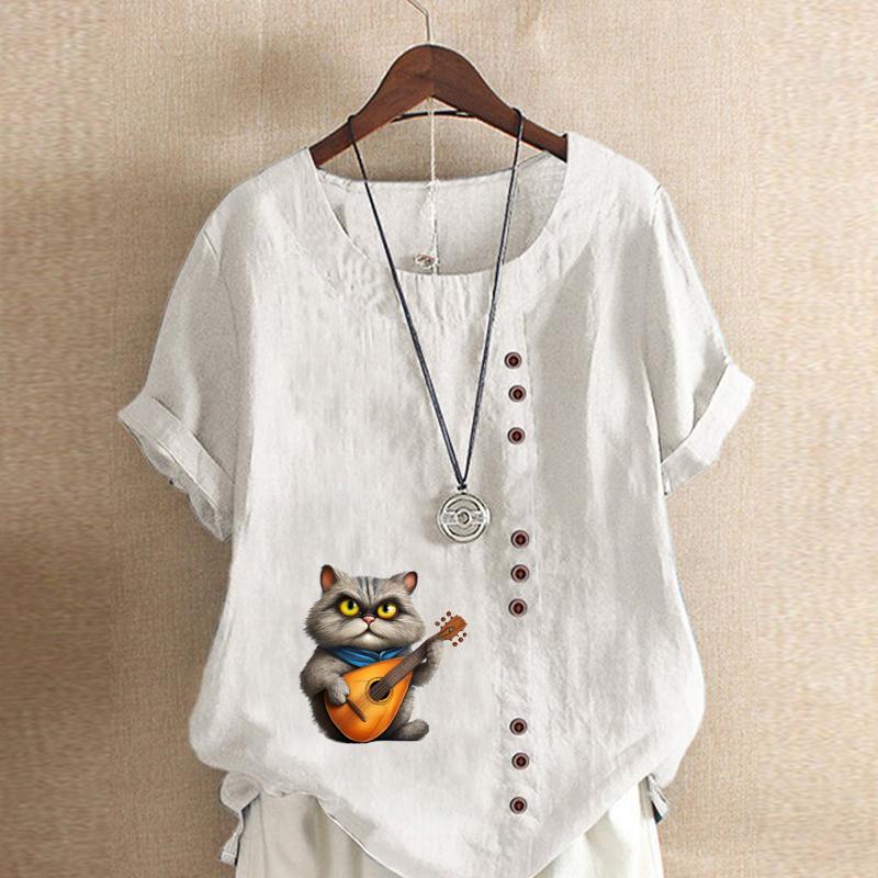 

Женская мода Fat Cat Printed футболка с коротким рукавом свободная хлопковая рубашка повседневная свободная летняя блузка топы больших размеров 5XL белый