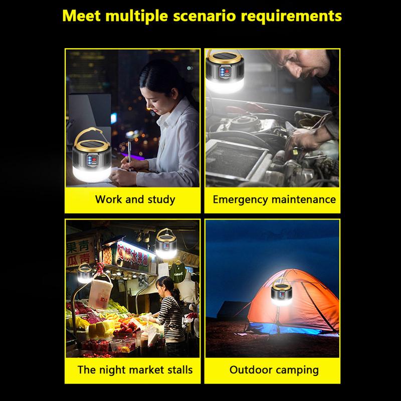 Waterproof USB Rechargeable LED Solar Tent and Camping Light for Outdoor, Emergency, and Night Market Use