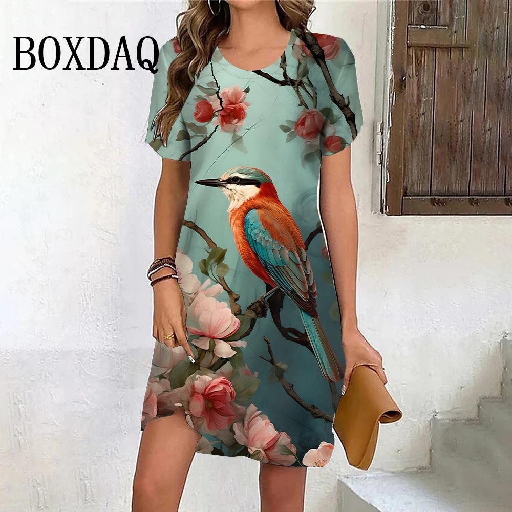Magpie Flower 3d Printed Dress Women's Short-sleeved Loose Dress Summer Retro Pullover