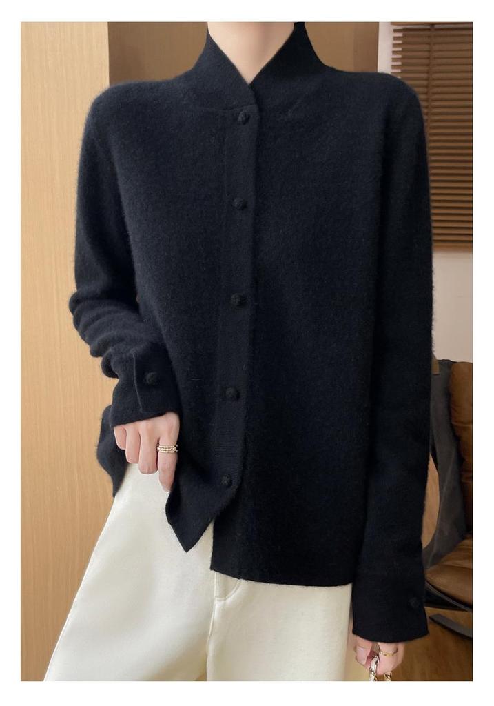 2024 Women's Stand Collar Wool Knit Qipao Cardigan - Casual Versatile Solid Color Sweater for Autumn/Winter