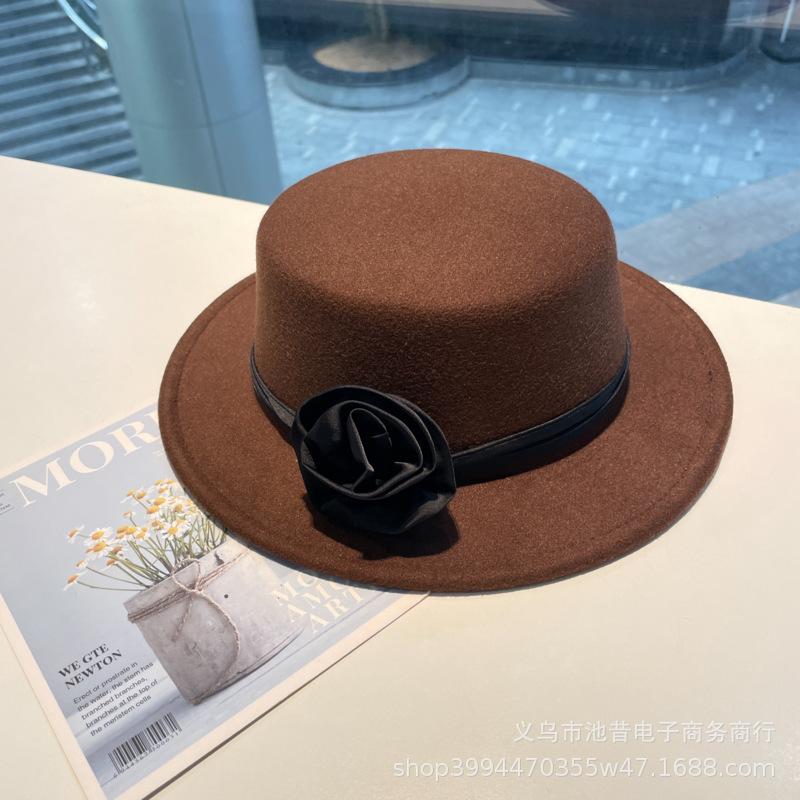 Rose flower strap flat top woolen top hat female autumn and winter warm sweet cute fashion versatile performance flat top hat