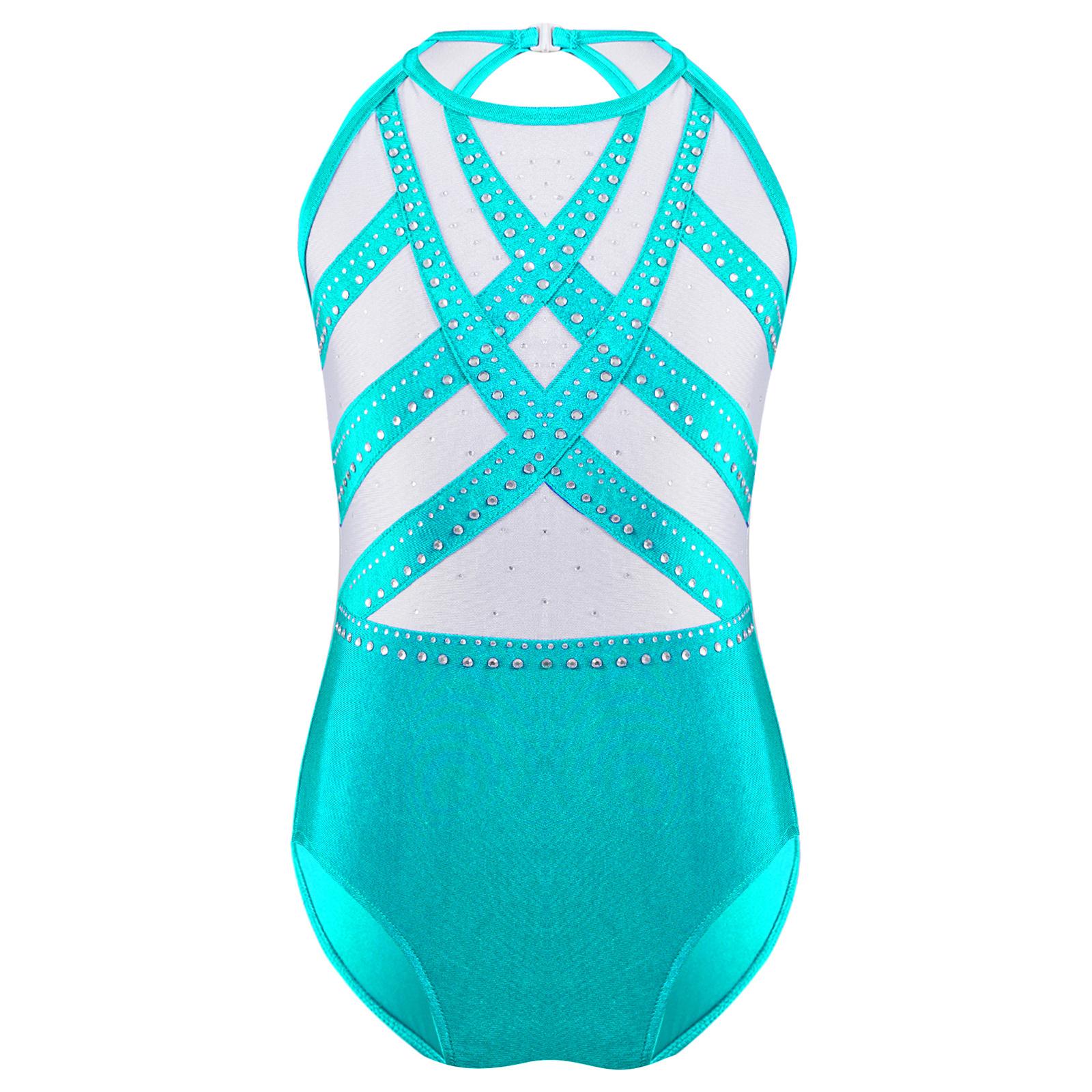 

Girls Glittery Rhinestones Gymnastics Leotard Sleeveless Keyhole Back Color Block Bodysuit 11-12 Years бірюзовий