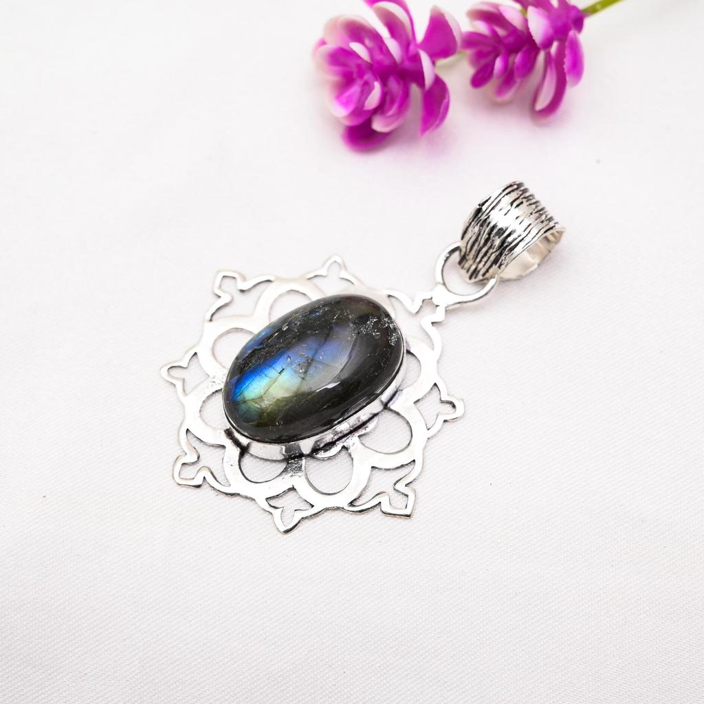 Labradorit Handgefertigter Edelstein Anhänger, 925 Sterling Silber Anhänger, Einzigartiger Design Schmuck Anhänger